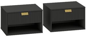 HOMCOM Set of 2 Wall Mounted Nightstands, Floating Bedside Tables with Fluted Drawer and Open Shelf for Small Bedroom, Black