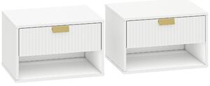 HOMCOM Set of 2 Wall Mounted Nightstands, Floating Bedside Tables with Fluted Drawer and Open Shelf for Small Bedroom, White