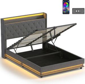 HOMCOM 4ft6 Double Bed Frame with Headboard, Platform Bed Frame with Hydraulic Storage, LED Lights and Charging Station, Grey