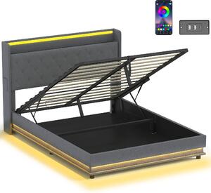 HOMCOM 5ft King Bed Frame with Headboard, Platform Bed Frame with Hydraulic Storage, LED Lights and Charging Station, Grey