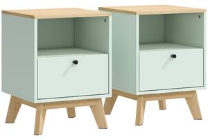 HOMCOM Modern Nightstand Set of 2, Bedside Table with Drawer and Open Shelf, Side End Table for Bedroom, Light Green