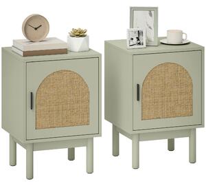 HOMCOM Set of 2 Rattan Bedside Tables, Boho Nightstands with Solid Wood Legs and Storage Cabinet for Living Room, Bedroom, Accent End Side Table, Light Green