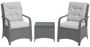 Outsunny 3 Pieces Rattan Bistro Set, Wicker Garden Furniture Set with Metal Frame, Cover, Glass Top Coffee Table, Light Grey