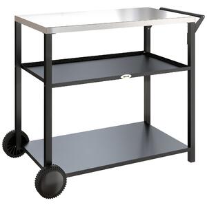 Outsunny Outdoor Grill Cart with Stainless Steel Tabletop for Kitchen Prep, Two-Tier Pizza Oven Stand on Wheels, Black