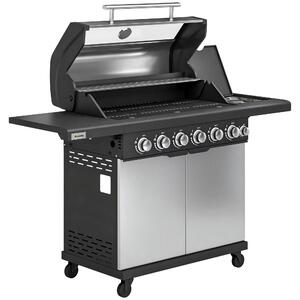 Outsunny 6+1 Burner Gas BBQ Grill, Outdoor Barbecue Trolley with Wheels, Warming Rack, Thermometer, Bottle Opener, Silver Tone