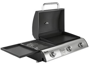 Outsunny 3 Burner Portable Gas Plancha BBQ Grill, 8.1 kW Outdoor Tabletop Gas Barbecue Grill with Griddle, Thermometer,, Black