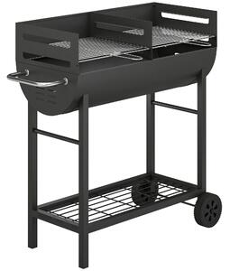 Outsunny Charcoal Barbecue Grill with 2 Cooking Areas, Portable BBQ Trolley with Wheels, Height Adjustable Grates, Bottom Shelf
