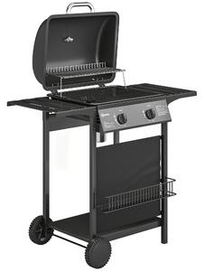 Outsunny Gas Burner Barbecue Grill, 2 Burner Gas Grill with Side Tables, Warming Rack, Shelf, Thermometer, Grease Tray, Black