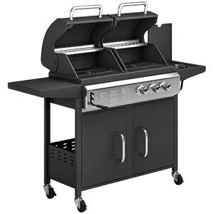 Outsunny 2+1 Burner Hybrid Dual Fuel BBQ Gas Grill, 2-in-1 Propane & Charcoal Barbecue Grill Smoker Combo with Wheels, Black