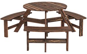 Outsunny Wooden Garden Dining Set, 6 Seater Round Dining Picnic Table with Matching Bench, Garden Furniture Set with Parasol Hole for Outdoor Patio Party and Family Gatherings, Carbonized