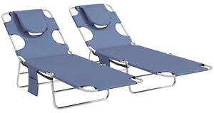 Outsunny 5-Position Adjustable Sun Loungers Set of 2 with Reading Hole and Side Pocket, Grey