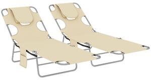 Outsunny 5-Position Adjustable Sun Loungers Set of 2 with Reading Hole and Side Pocket, Beige