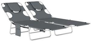 Outsunny 5-Position Adjustable Sun Loungers Set of 2 with Reading Hole and Side Pocket, Dark Grey