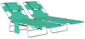 Outsunny 5-Position Adjustable Sun Loungers Set of 2 with Reading Hole and Side Pocket, Green