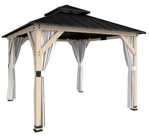 Outsunny 3 x 3 m Outdoor Hardtop Gazebo Canopy with 2-Tier Steel Roof, Wood Garden Gazebo with Curtains, Light Grey