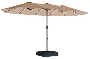Outsunny Patio Umbrella Double-Sided Outdoor Umbrella with Solar Lights Base, Khaki