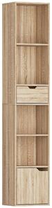 HOMCOM 6-Tier Bookcase, Tall Narrow Bookshelf with Drawer and Door - Natural Wood Finish