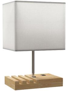 HOMCOM Bedside Lamp with USB A+C Charging Ports and 3 Phone Stands, Modern Table Lamp with Solid Wood Base and Fabric Shade for Bedroom Living Room Office, E27 Socket, Bulb Not Included, White