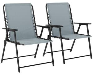 Outsunny Folding Garden Chairs Set of 2, Outdoor Dining Chairs with Wide Texteline Seat, High Back and Armrests, Light Grey