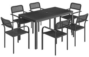 Outsunny Garden Dining Set for 6, Faux Wood Metal Outdoor Table and Stackable Chairs with Plastic Rattan Effect Seat, Black