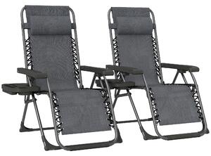 Outsunny Zero Gravity Chairs Set of 2, Folding Sunloungers Reclining Garden Chairs with Cup Holder, Headrest, Dark Grey