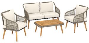 Outsunny 4 Piece Rattan Garden Furniture Set with Loveseat, Armchairs, Wood Table, Wicker Patio Conversation Set, Cream White