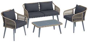 Outsunny 4 Piece Rattan Garden Furniture Set with Loveseat, Armchairs, Wood Table, Wicker Patio Conversation Set, Grey