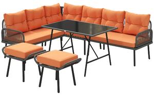 Outsunny 6 Piece Rattan Garden Furniture Set, 8 Seater Garden Corner Sofa with Cushions and Glass Top Table, Orange