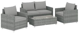 Outsunny 4 Piece Rattan Garden Furniture Set with Loveseat, 2 Armchairs, Glass-Top Table, Wicker Patio Conversation Set, Grey