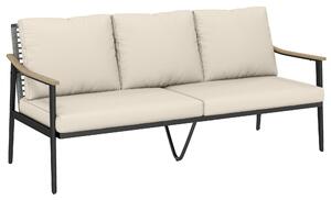 Outsunny 3 Seater Rattan Sofa, Outdoor Garden Sofa with Wood-Effect Armrests, Cushions for Patio, Balcony, Khaki
