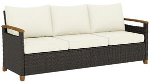 Outsunny 3 Seater Rattan Garden Sofa, PE Wicker Outdoor Sofa Wide Deep Seat, 4" Cushions, Wood-Effect Armrests Legs, Brown