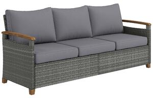 Outsunny 3 Seater Rattan Garden Sofa, PE Wicker Outdoor Sofa Wide Deep Seat, 4" Cushions, Wood-Effect Armrests Legs, Dark Grey
