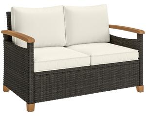 Outsunny 2 Seater Rattan Garden Sofa, Outdoor Sofa with Thickened Cushions and Acacia Wood Armrests, Brown