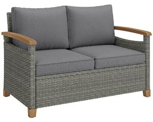 Outsunny 2 Seater Rattan Garden Sofa, Outdoor Sofa with Thickened Cushions and Acacia Wood Armrests, Dark Grey