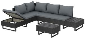 Outsunny 5 Seater Rattan Garden Furniture Set, L Shaped Garden Corner Sofa, Adjustable Back, Faux Wood Table, Dark Grey