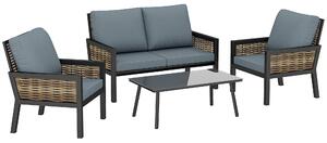 Outsunny 4 Seater Rattan Garden Furniture Set with 2 Armchairs, Loveseat, Coffee Table, Garden Sofa Set with Cushions, Grey