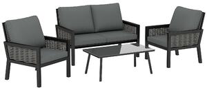 Outsunny 4 Seater Rattan Garden Furniture Set with 2 Armchairs, Loveseat, Coffee Table, Garden Sofa Set with Cushions, Dark Grey