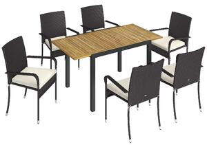 Outsunny 7 Piece Rattan Garden Furniture Set, 6 Seater Garden Table and 6 Stackable Chairs with Extendable Acacia Wood Tabletop