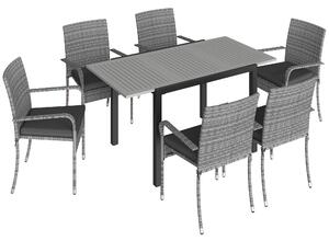 Outsunny 7 Piece Rattan Garden Furniture Set, 6 Seater Garden Table and 6 Stackable Chairs with Extendable Acacia Wood Tabletop