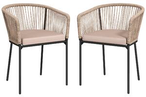 Outsunny Garden Chairs Set of 2, Rattan Garden Dining Chairs with String Back Armrests, Cushions, Natural Wood Finish