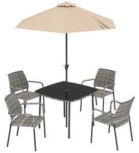 Outsunny 4 Seater Rattan Dining Set with Parasol, 6 Piece Garden Table and Stackable Chairs with Tempered Glass Tabletop