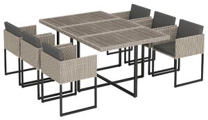 Outsunny 7 Piece Rattan Garden Furniture Set, Garden Dining Set with Wood-Plastic Table and 6 Stackable Chairs, Light Grey