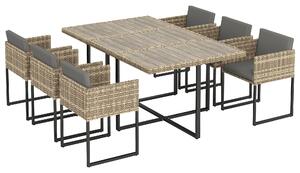 Outsunny 7 Piece Rattan Garden Furniture Set, Garden Dining Set with Wood-Plastic Table and 6 Stackable Chairs, Light Brown