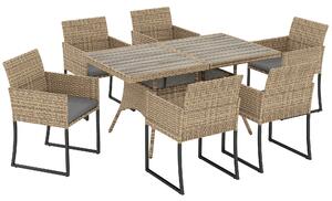 Outsunny 7 Piece Rattan Garden Furniture Set, Garden Dining Set with Wood-Plastic Table and 6 Stackable Chairs, Dark Grey