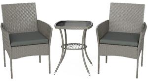 Outsunny 3 Piece Rattan Bistro Set, PE Wicker Garden Furniture Conversation Set with 2 Tier Glass-Top Table, Chairs, Dark Grey