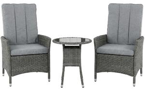 Outsunny Rattan Bistro Set, Reclining Garden Chairs and Glass Coffee Table with Cushions for Patio Balcony Porch, Grey