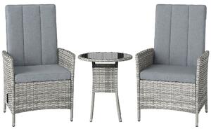 Outsunny Rattan Bistro Set, Reclining Garden Chairs and Glass Coffee Table with Cushions for Patio Balcony Porch, Light Grey