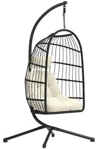 Outsunny Hanging Egg Chair, Indoor Outdoor Hammock Swing Chair with Stand, Safety Strap, Foldable Basket, Black/Cream White