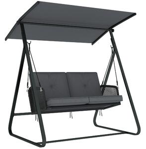 Outsunny 2-Seater Rattan Swing Chair, Outdoor Garden Hanging Swing Seat with Stand, Adjustable Canopy and Soft Cushions