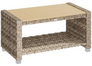 Outsunny Outdoor Coffee Table with Storage Shelf, PE Rattan Side Table with Slatted Top and Foot Pads, Light Brown